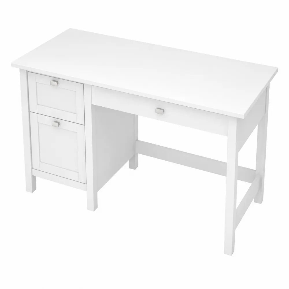 Bureau en bois blanc avec tiroirs et armoire