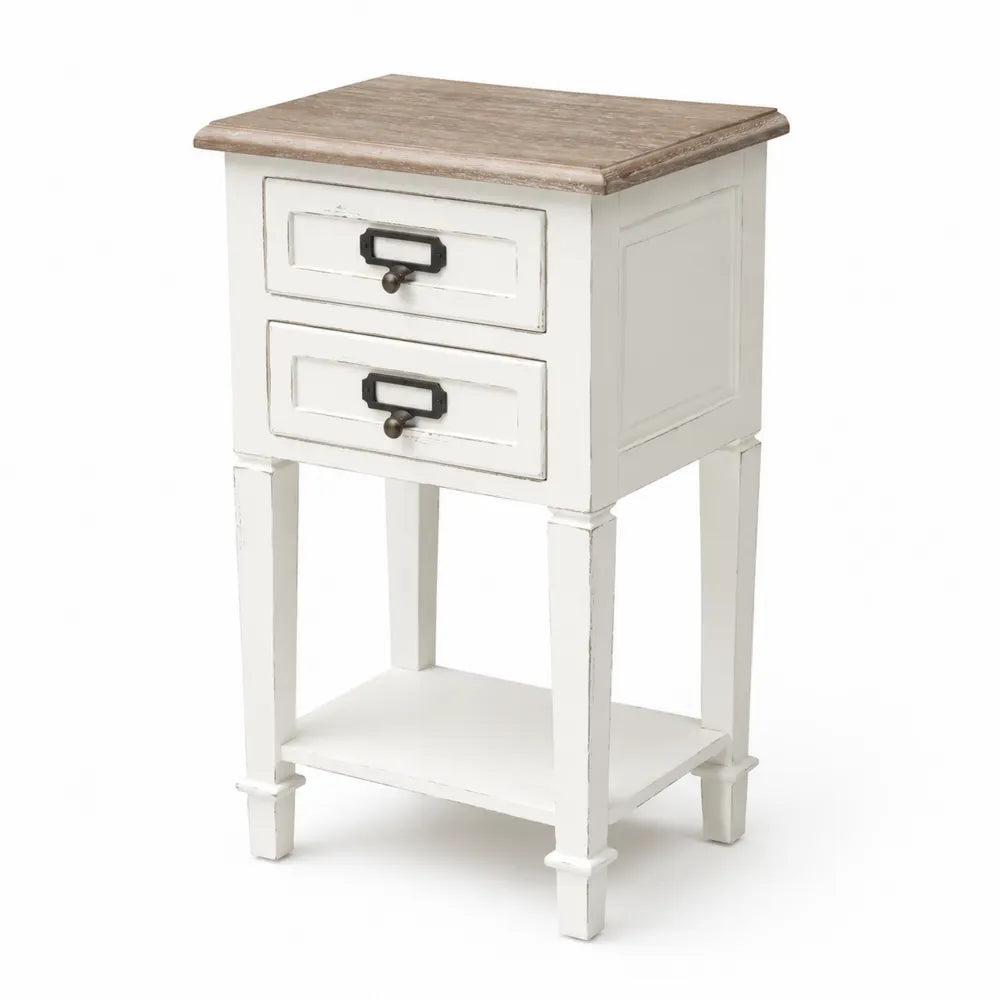 Table de chevet en bois avec 2 tiroirs et étagère, Blanc et Marron