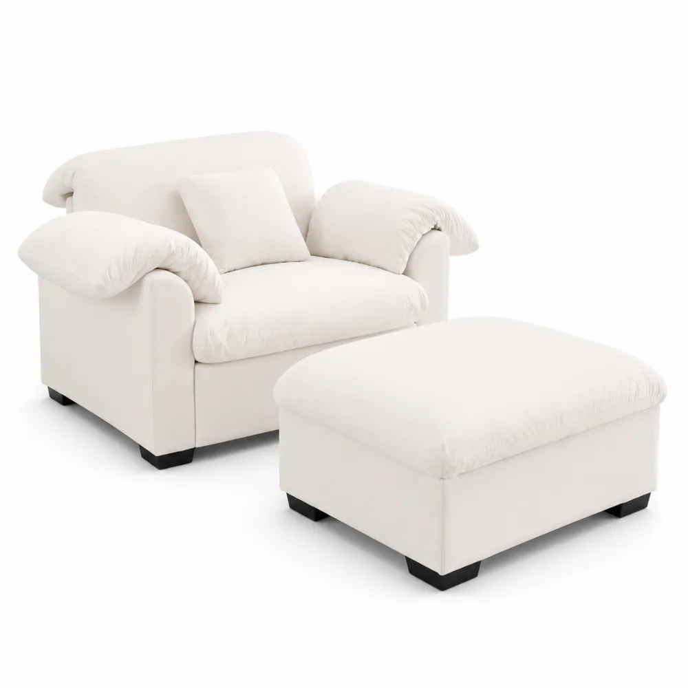 Fauteuil et repose-pieds en tissu polyester blanc