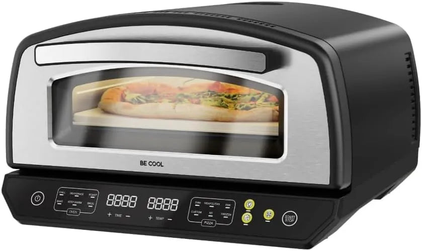 BE COOL Multifunctionele pizzaoven met pizzasteen met 33 cm, 2000 W, 450 °C, 6 programma's, digitaal display en timer