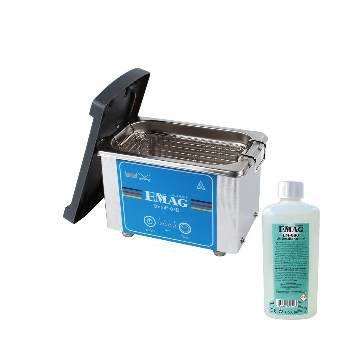 Ultrasoonreiniger EM-080 met 500 ml, 210 x 145 x 150 mm, 152 x 87 x 65 mm, 125 x 65 x 45 mm, timer en RVS