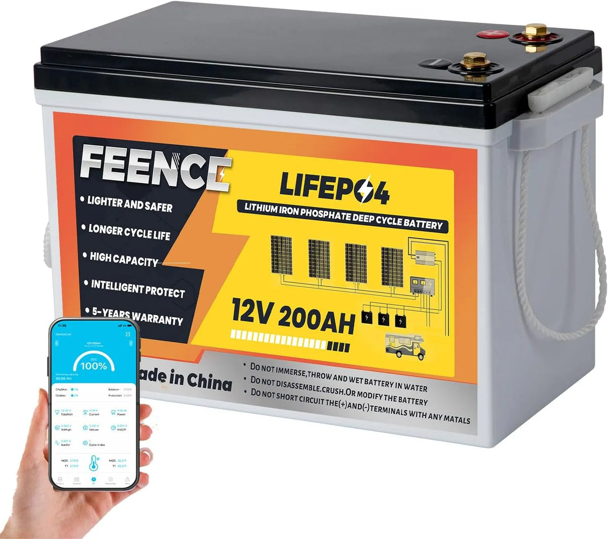 Lifepo4 Mini-lithiumbatterij Lifepo4 met 12 V, 200 Ah, 2560 Wh en Bluetooth