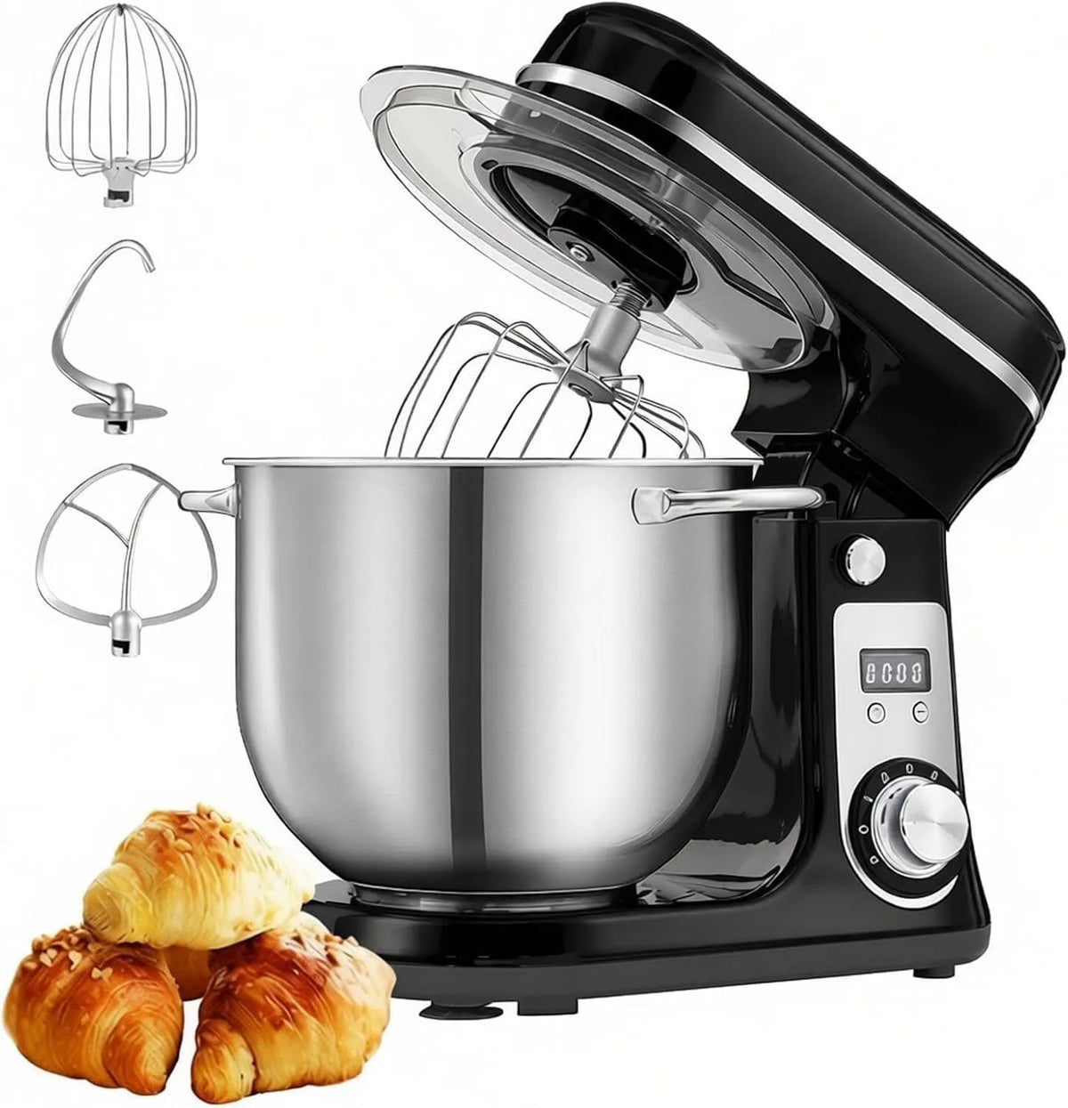 6L keukenmixer met kantelbare kop met 6L, 6 snelheden, digitaal display, geluidsarme werking, RVS en zwart