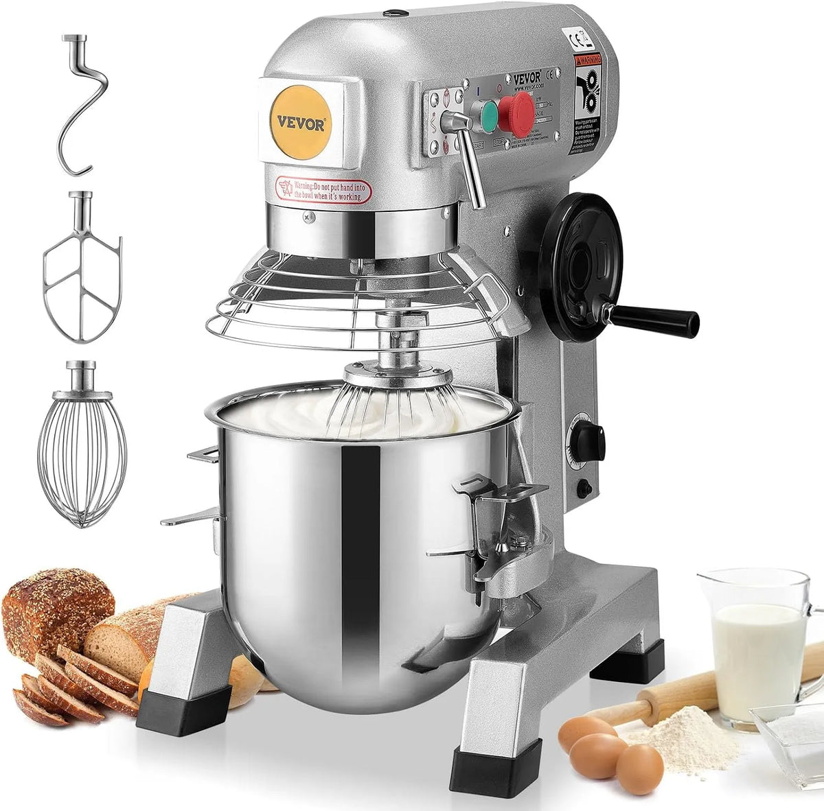Keukenmachine, VEVOR Commerciële, staande mixer met 3 instelbare snelheden, deegmixer 1100 W met roestvrijstalen kom en 3 mengaccessoires