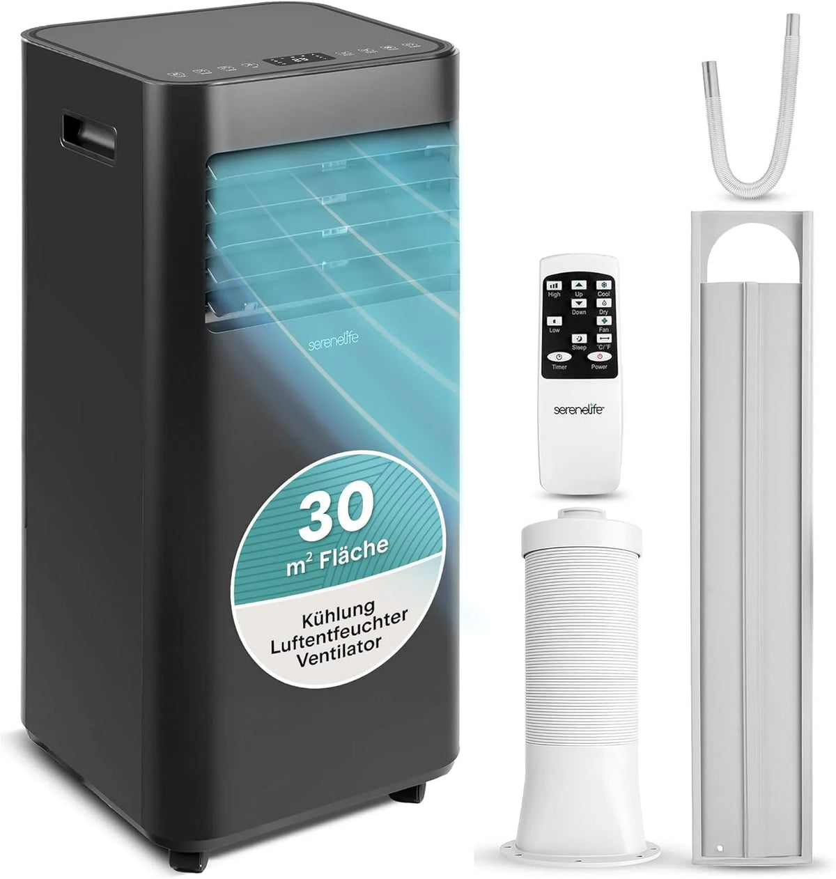SereneLife, Mobiele airconditioner en Ventilator, 9000 BTU, geluidsarm met Afstandsbediening en Raamkit voor Thuis en Kantoor