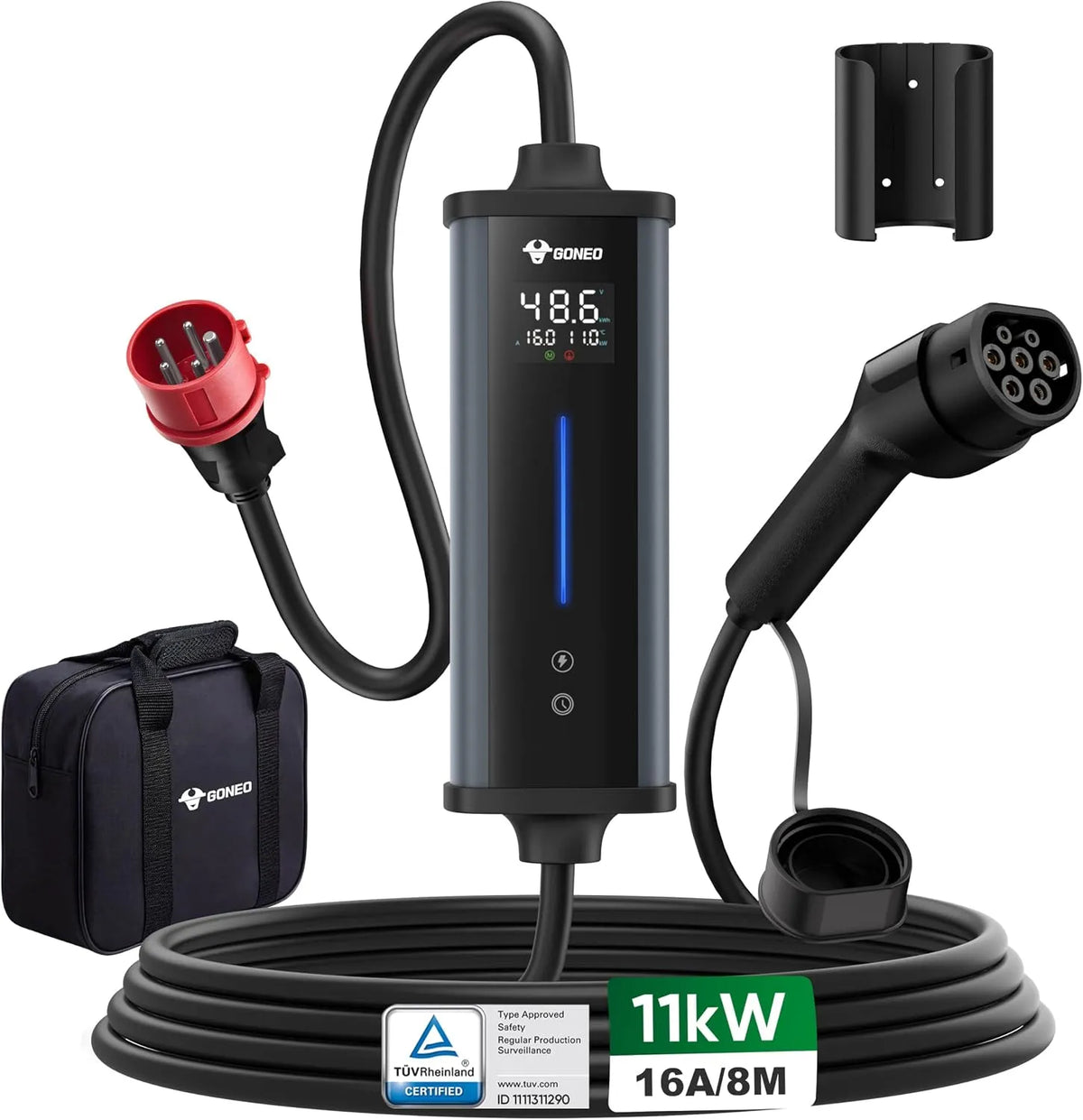GONEO Mobiele Wallbox 11 kW 8 m met 11 kW en 16A, Type 2 Oplaadkabel Driefasig CEE 16A