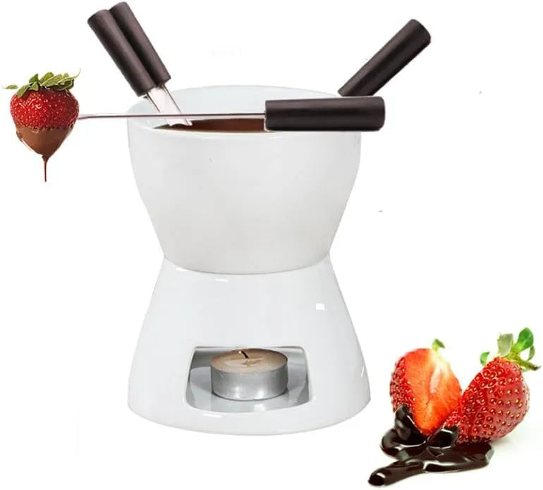 Fondue Pot Set met 4 Vorken Keramische Boter Warmer Set Premium Theelicht Porselein Smeltpot voor Chocolade Kaas Karamel met keramisch element en