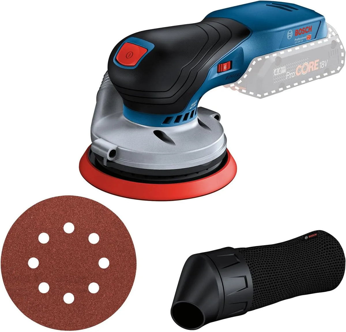 Lader, Bosch Professional, 125 mm, 1 x schuurpapier, zonder accu/oplader, stofzak, 18V