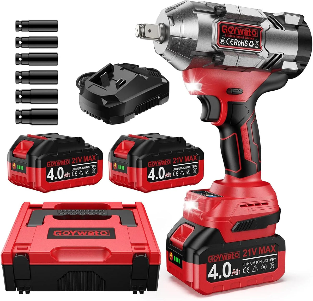 Slagschroevendraaier, Slagschroevendraaier accu 1490N.m, 2x 4000mAh batterij & 6 dopsleutels rood