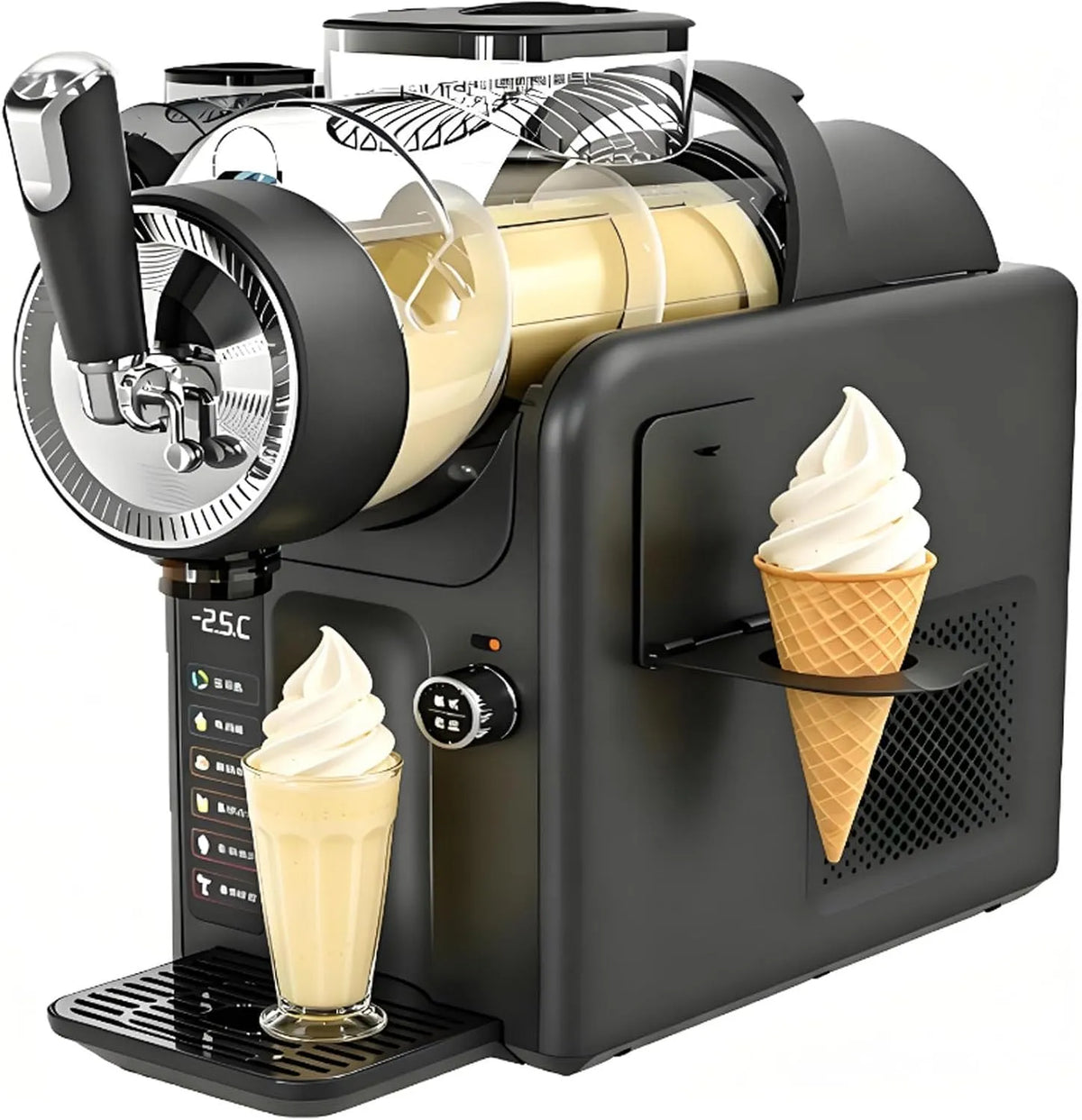 Machine met 12 Uur, 5-In-1, RVS, aluminium en wit, Softijs-Machine Met 360° Gelijkmatige Menging