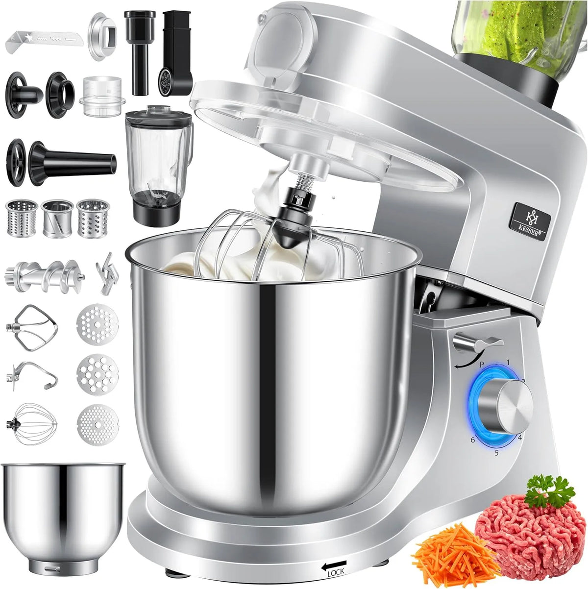 Keukenmachine met 5,5 l, 1,5 l, 3-in-1, geluidsarme werking, RVS, aluminium en zilver