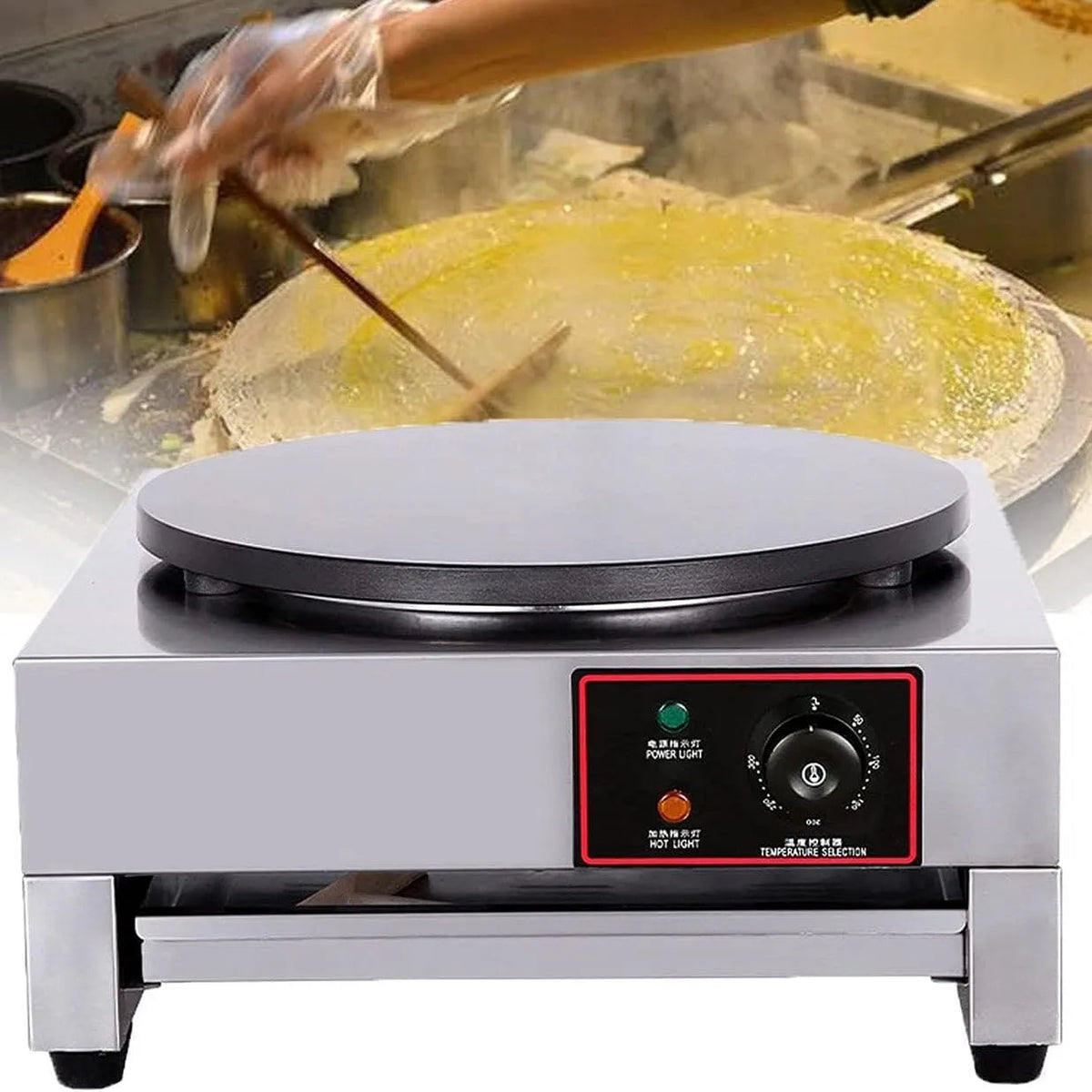 Commerciële Elektrische Crêpe Maker met 50-300°C, Non-Stick Pannenkoek Bakplaat met Instelbare Temperatuur 50-300°C