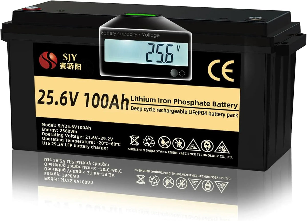24V 100Ah LifePO4, Klasse A Oplaadbare Lithium Batterij met 100A BMS 10000 Diepe Cyclus LiFePO4 Batterij met LCD Ideaal voor Trailer LifePO4 met 100Ah