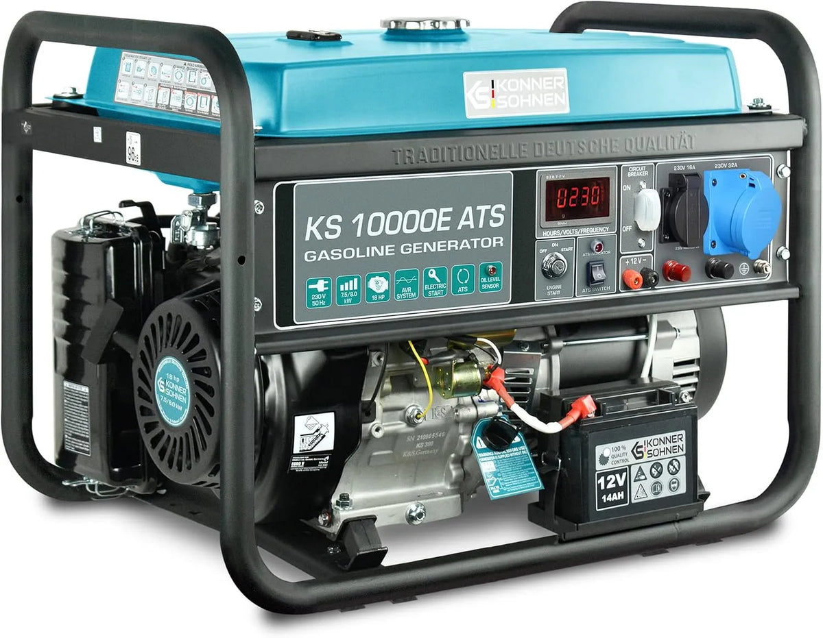 Generator, 18 pk, automatische spanningsregelaar 230 V, 1 x 32 A stroomgenerator, 1 x 16 A, 8000 watt, noodstroomautomaat