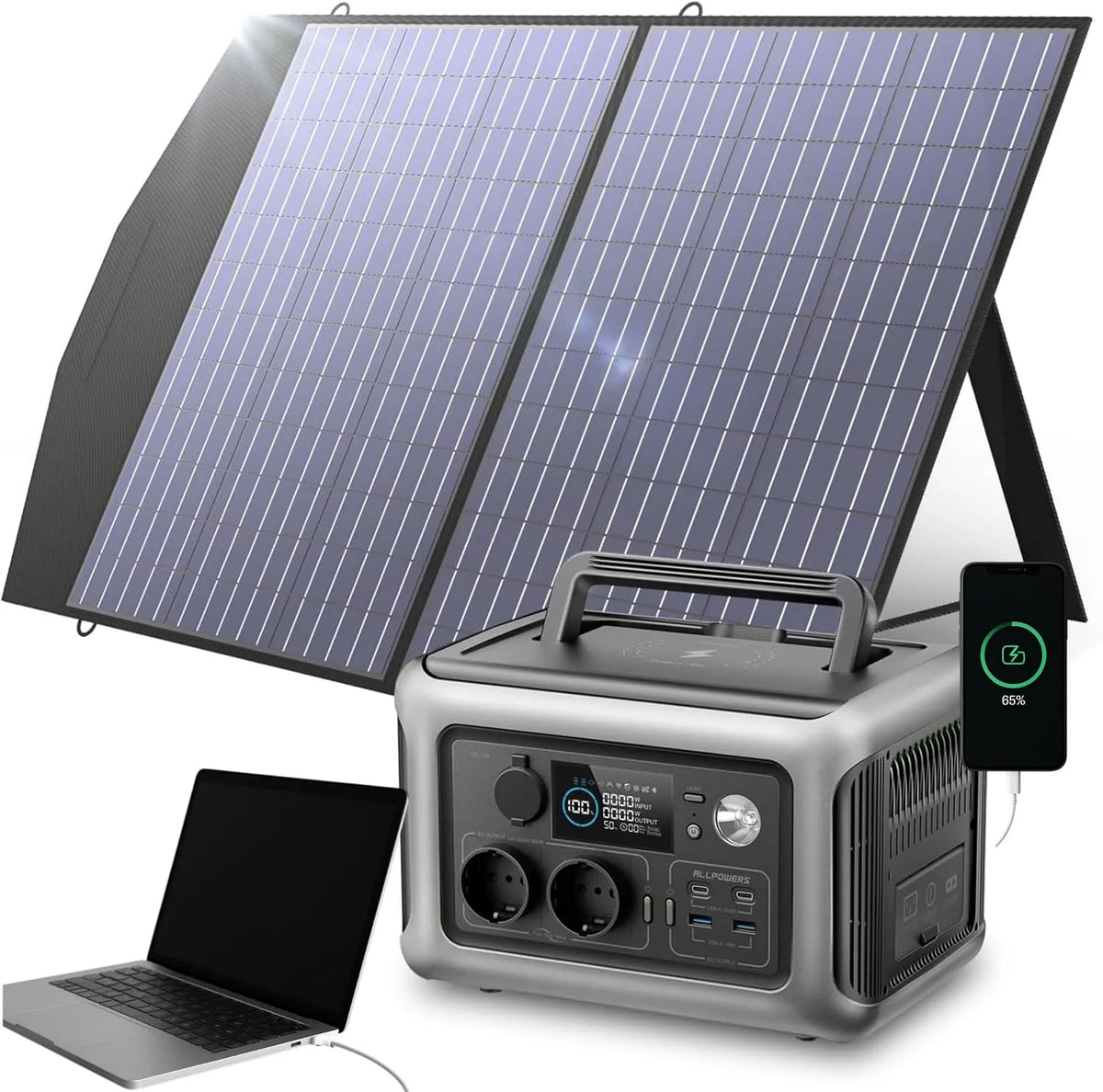 Overlevingsset EU 2025, draagbare zonnegenerator R600 met 1200 W, 28,5 x 19,5 x 19 cm, 299 Wh, 1800 W, 100 W, 72 uur, 60 W en 1 uur