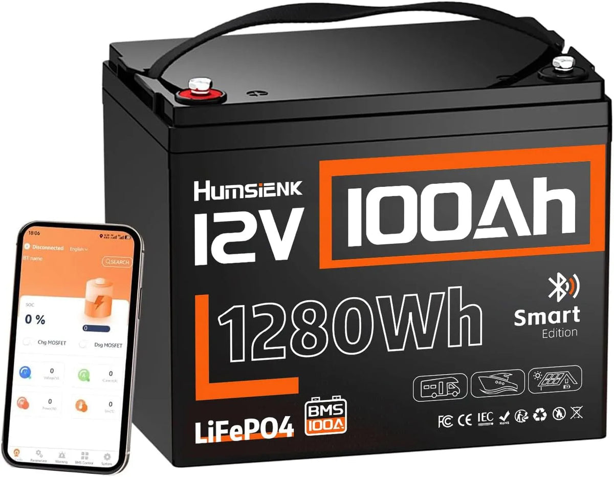 HumsiENK LiFePO4 Autoaccu 12V 100Ah Bluetooth,100A BMS LiFePO4 met 12V, 1280 W en Bluetooth