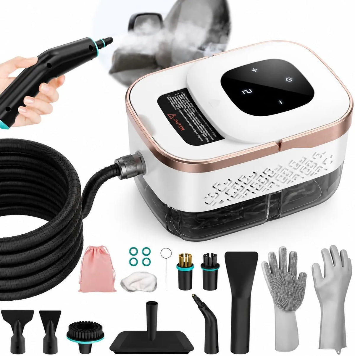 Stoomreiniger met 1500 W, 10-15 seconden, 105 °C, 4 bar, 138 inch, 1250 ml, 45 minuten en 59 inch