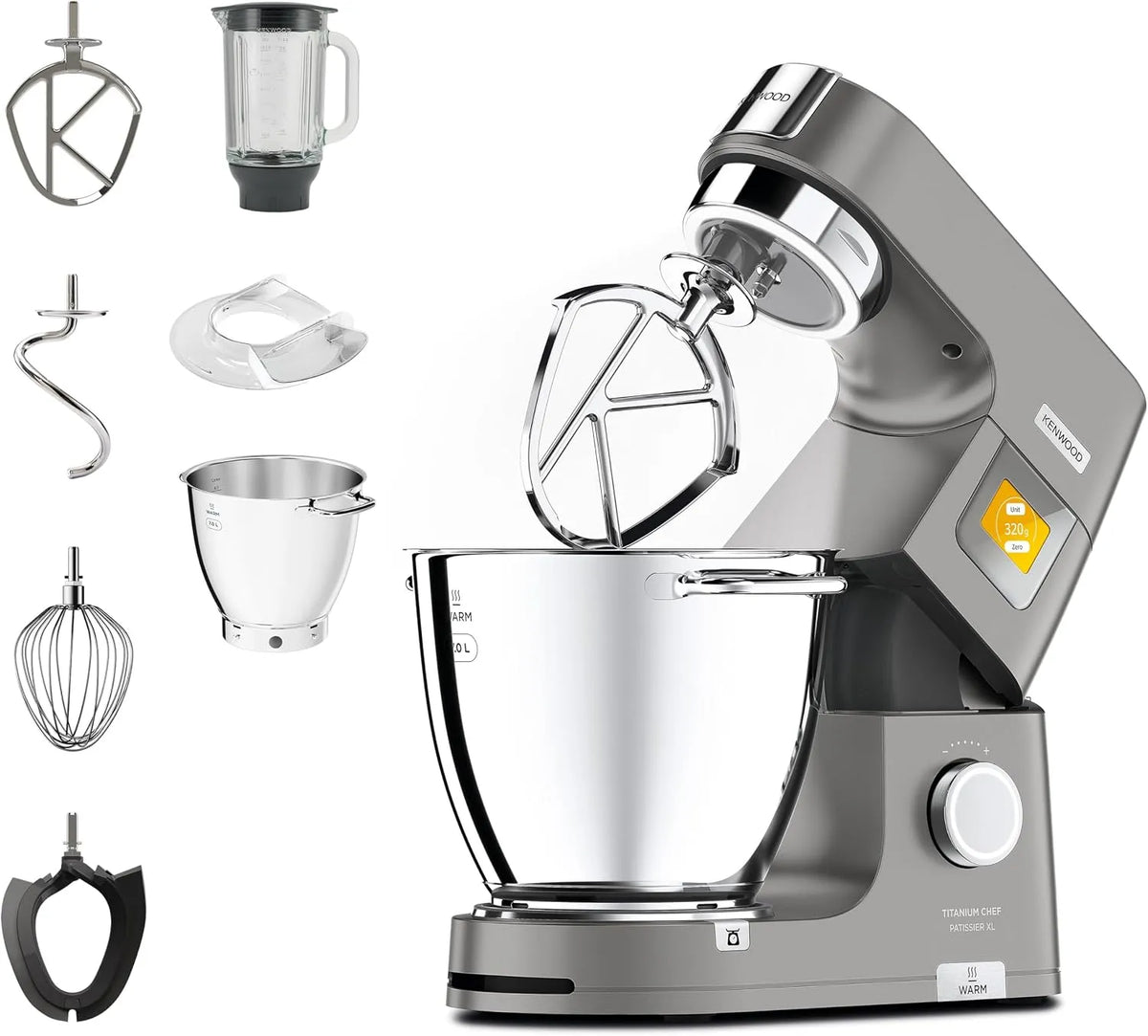Keukenmachine, Kenwood KWL90.034SI, 1400 Watt, RVS, ingebouwde weegschaal en blender, Zilverkleur, 7L