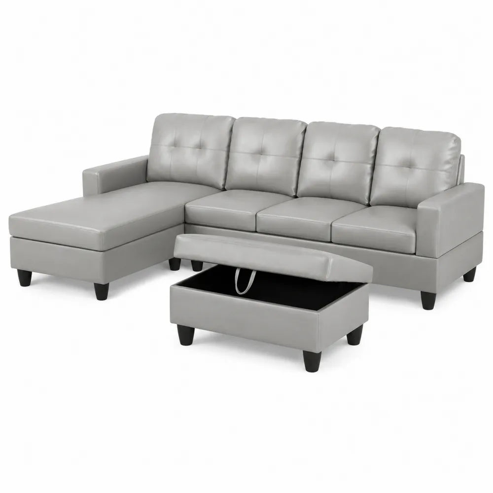 Canapé d'angle en similicuir gris avec ottoman de rangement