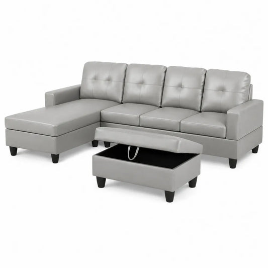Canapé d'angle en similicuir gris avec ottoman de rangement