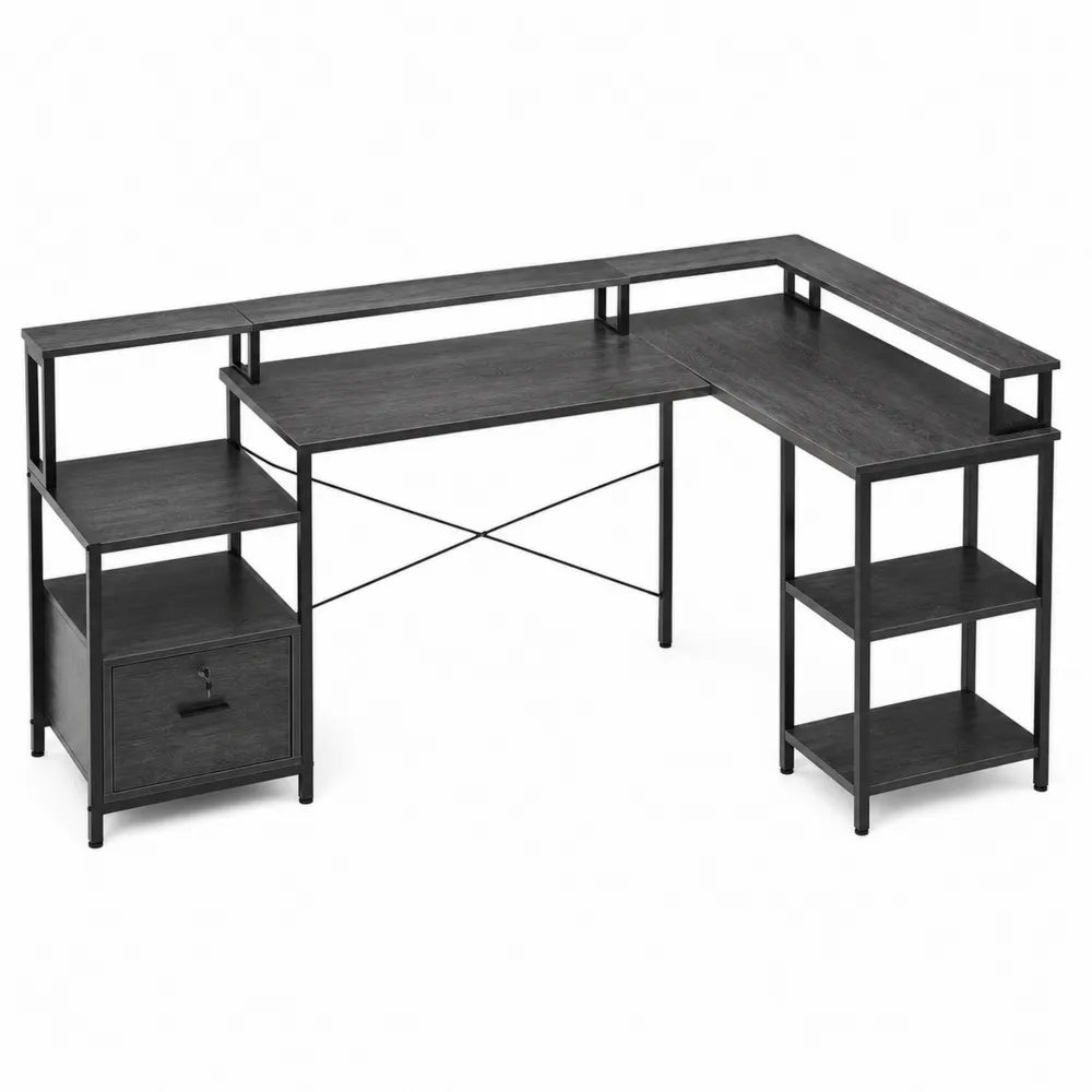 Bureau en L avec étagères et tiroir en bois et métal Noir