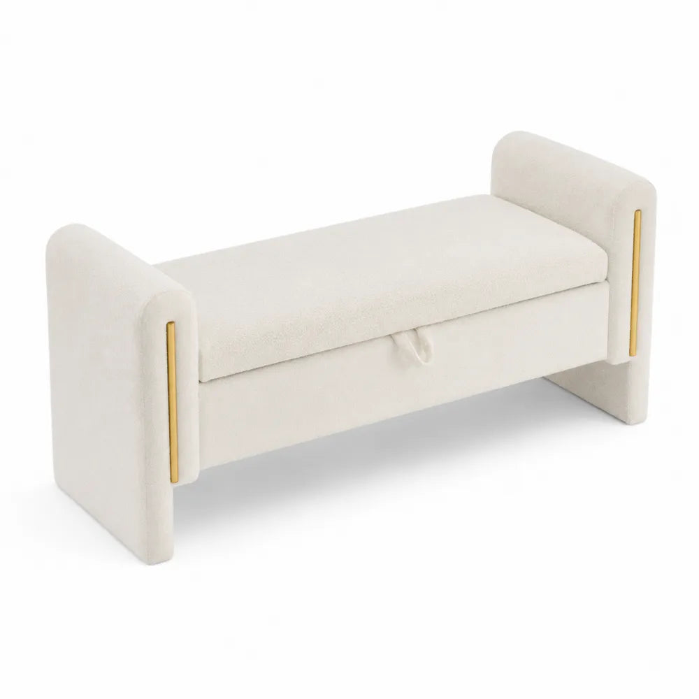 Banc avec rangement en tissu en microfibre et métal beige