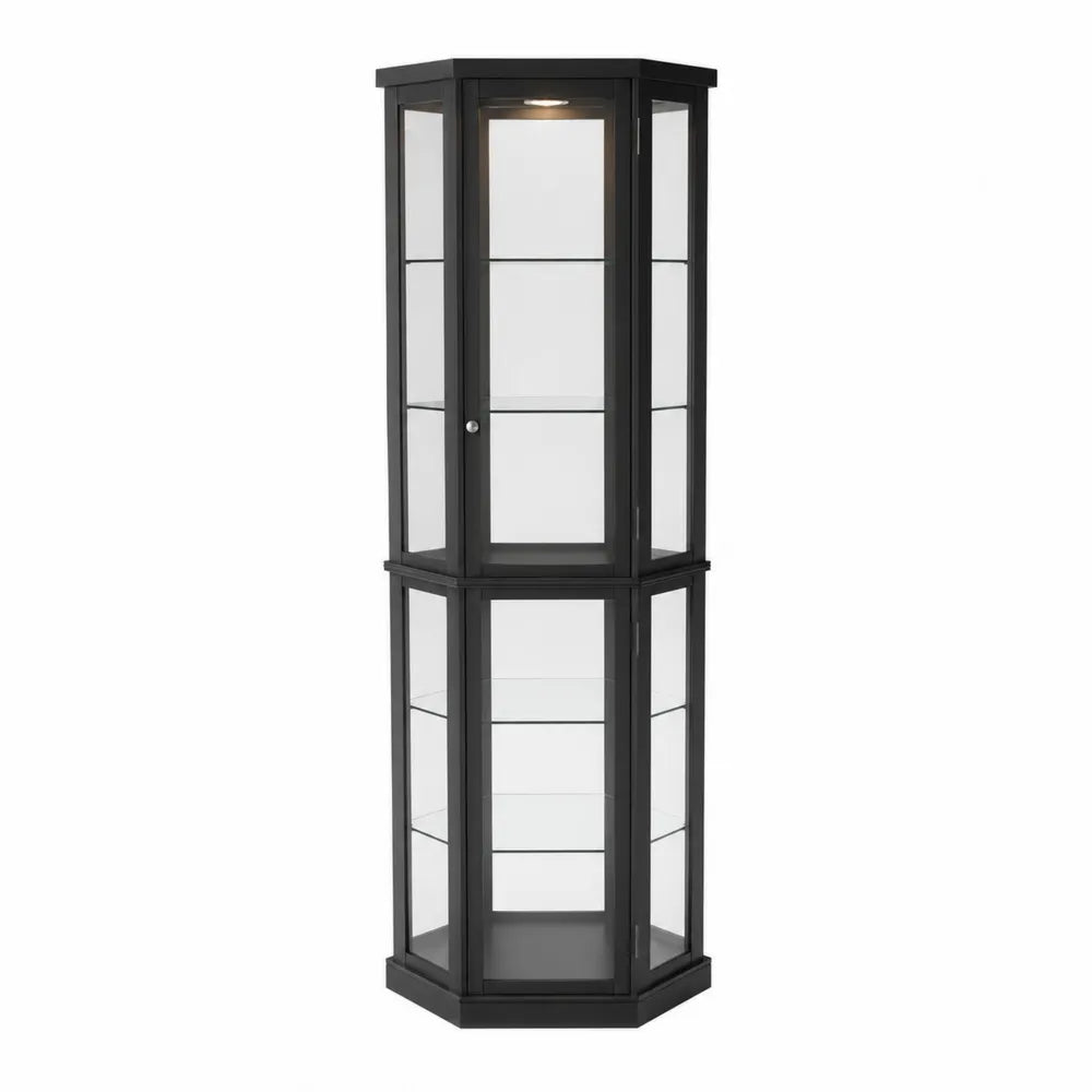 Vitrine d'angle hexagonale en métal noir avec étagères en verre