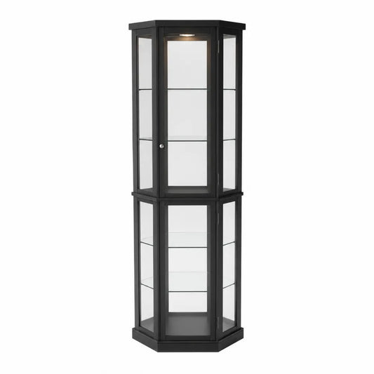 Vitrine d'angle hexagonale en métal noir avec étagères en verre