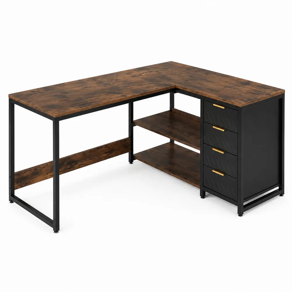 Bureau d'angle en bois et métal avec tiroirs et étagères, 140 x 120 x 75 cm, Marron/Noir