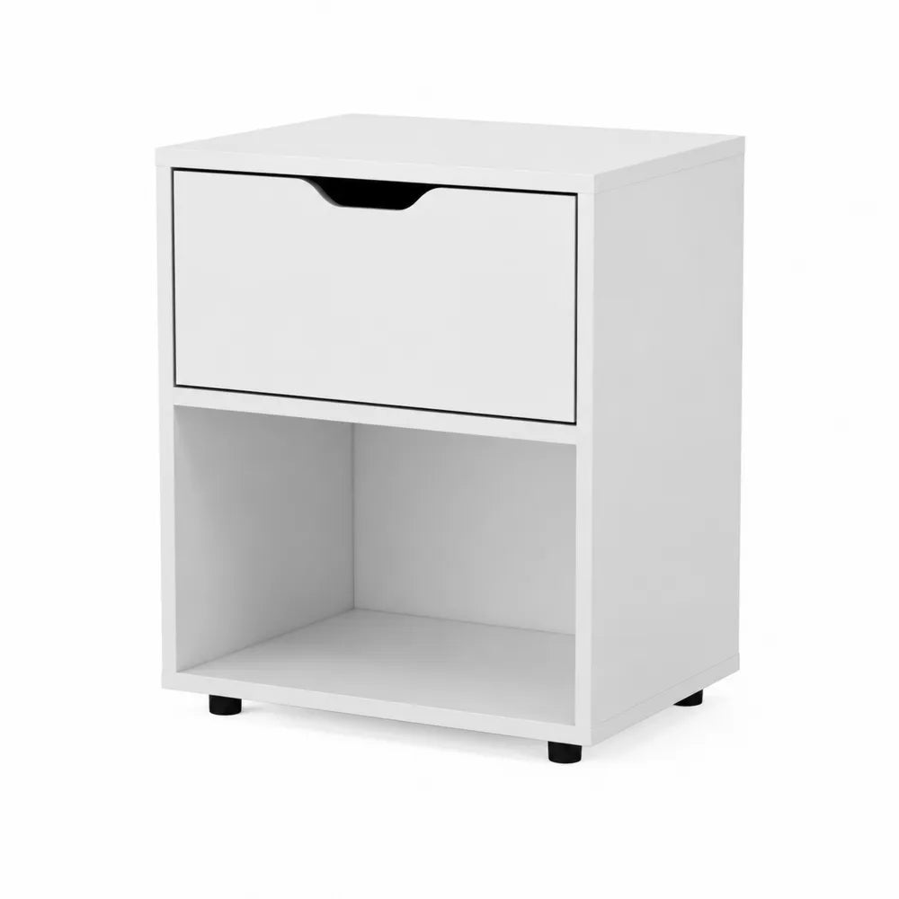 Table de chevet en bois blanc avec tiroir et compartiment