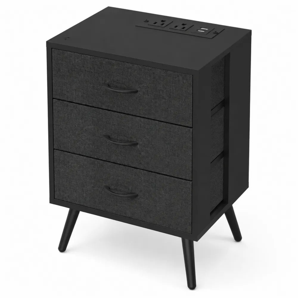 Table de chevet en bois avec prises intégrées et tiroirs en tissu polyester noir