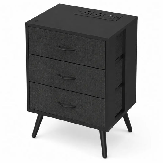 Table de chevet en bois avec prises intégrées et tiroirs en tissu polyester noir
