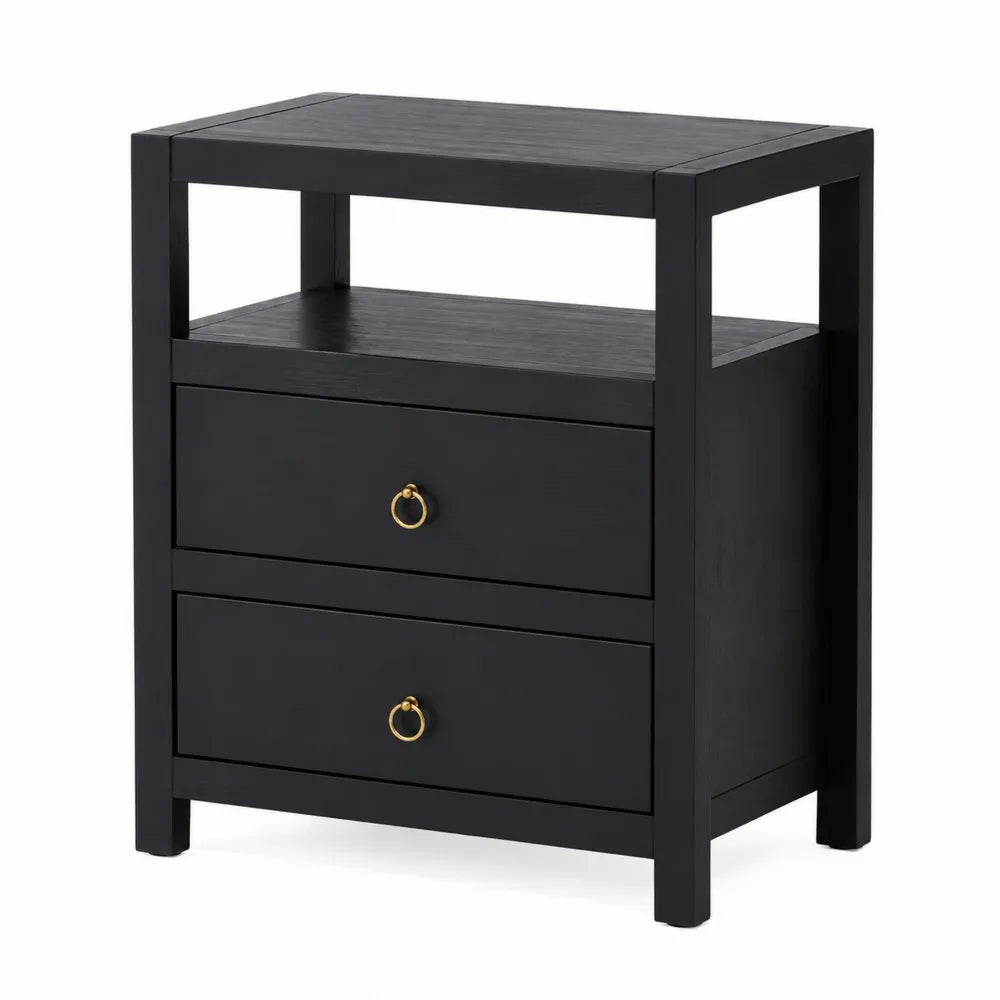 Table de chevet en bois avec 2 tiroirs et étagère ouverte Noir