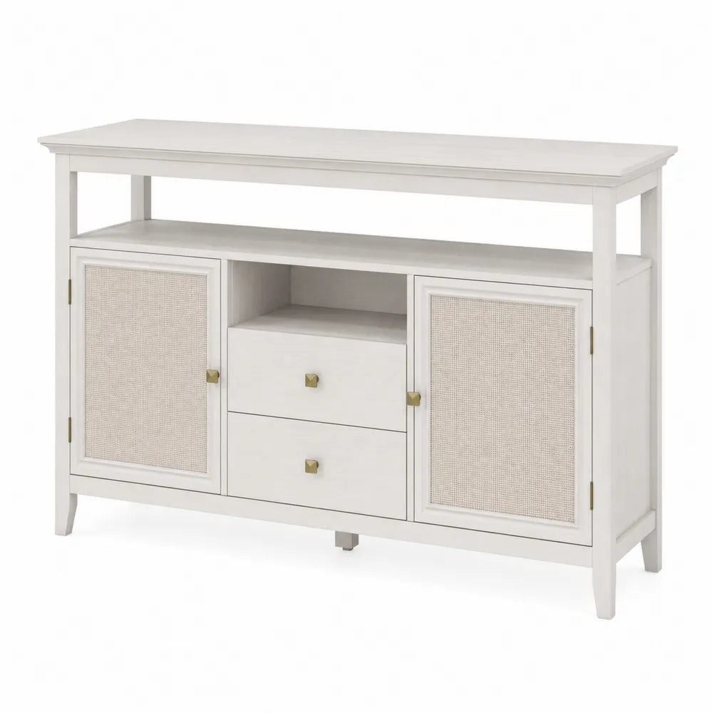 Buffet en bois avec portes en cannage et tiroirs Blanc 140x40x85 cm