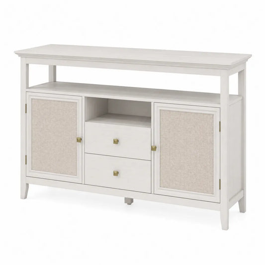 Buffet en bois avec portes en cannage et tiroirs Blanc 140x40x85 cm