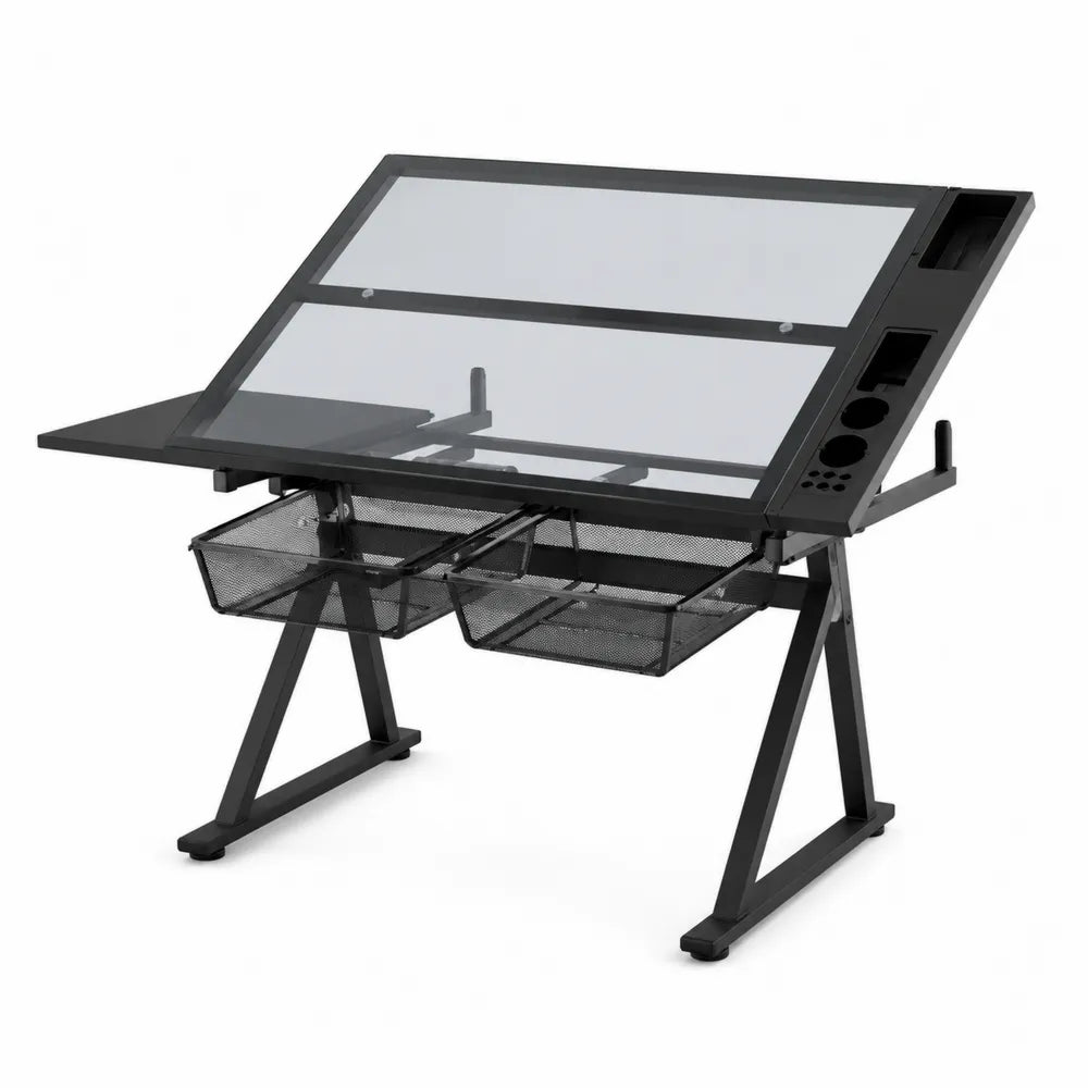 Table à dessin en verre trempé et acier noir