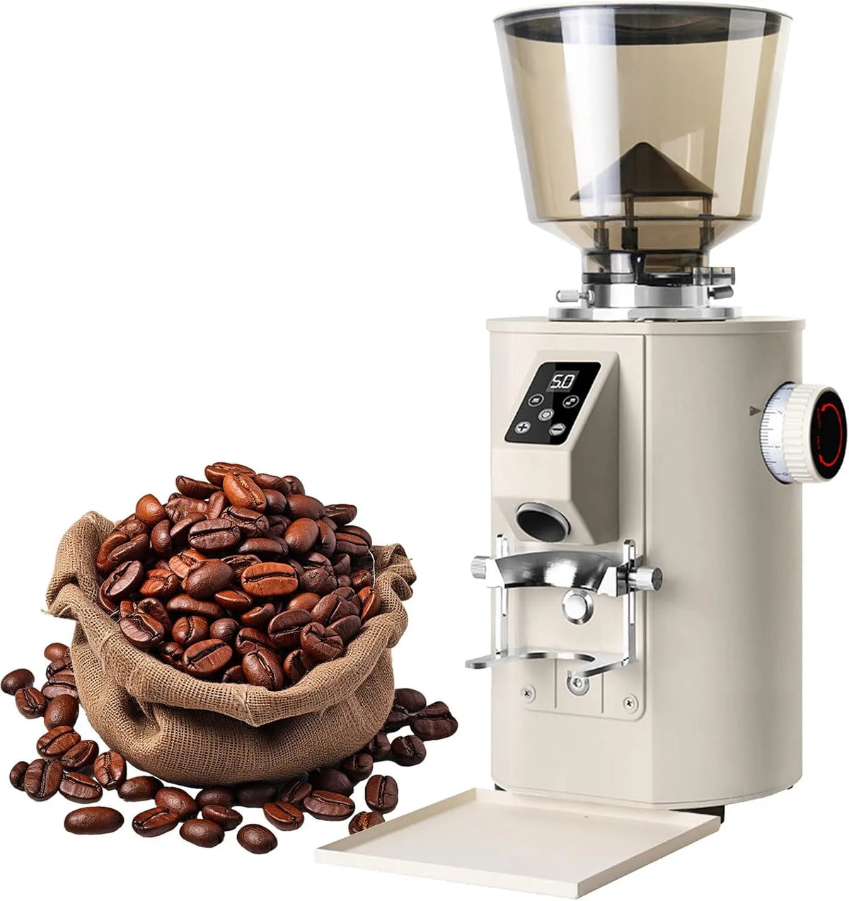 Molen met 9 instelbare maalstanden, voor koffieshops wit, 64 mm platte bramen met container, premium elektrische koffiemolen met bramen