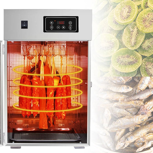 Vis rundvlees droger, 30-90°C, timer, RVS 360° roterende worst spek kip vis rundvlees droger