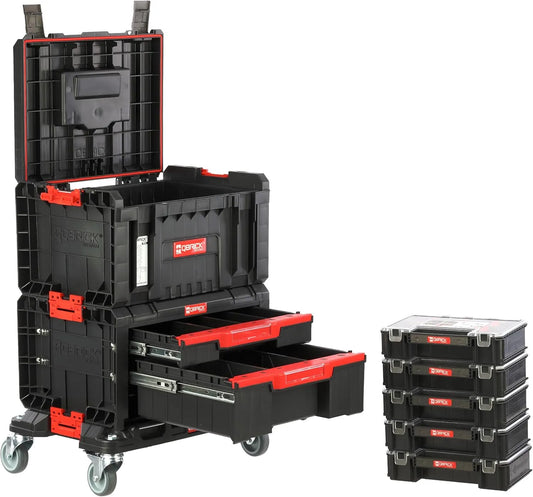 Mobiel platform met gereedschapskisten en 5 organizers werkplaatsset modulair verbonden PRO met 45 x 32 x 24 cm, 45 x 31 x 24,4 cm en 51 x 33 x 14,3