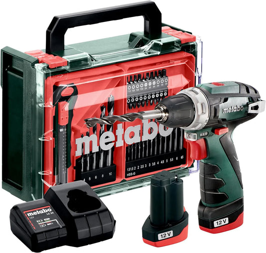 Metabo, lader, 12 V, 2 versnellingen, kunststof koffer, LED-licht, ruimtebesparend ontwerp, 34 Nm draaimoment, Incl. 2 accu's, Snelspanboorhouder