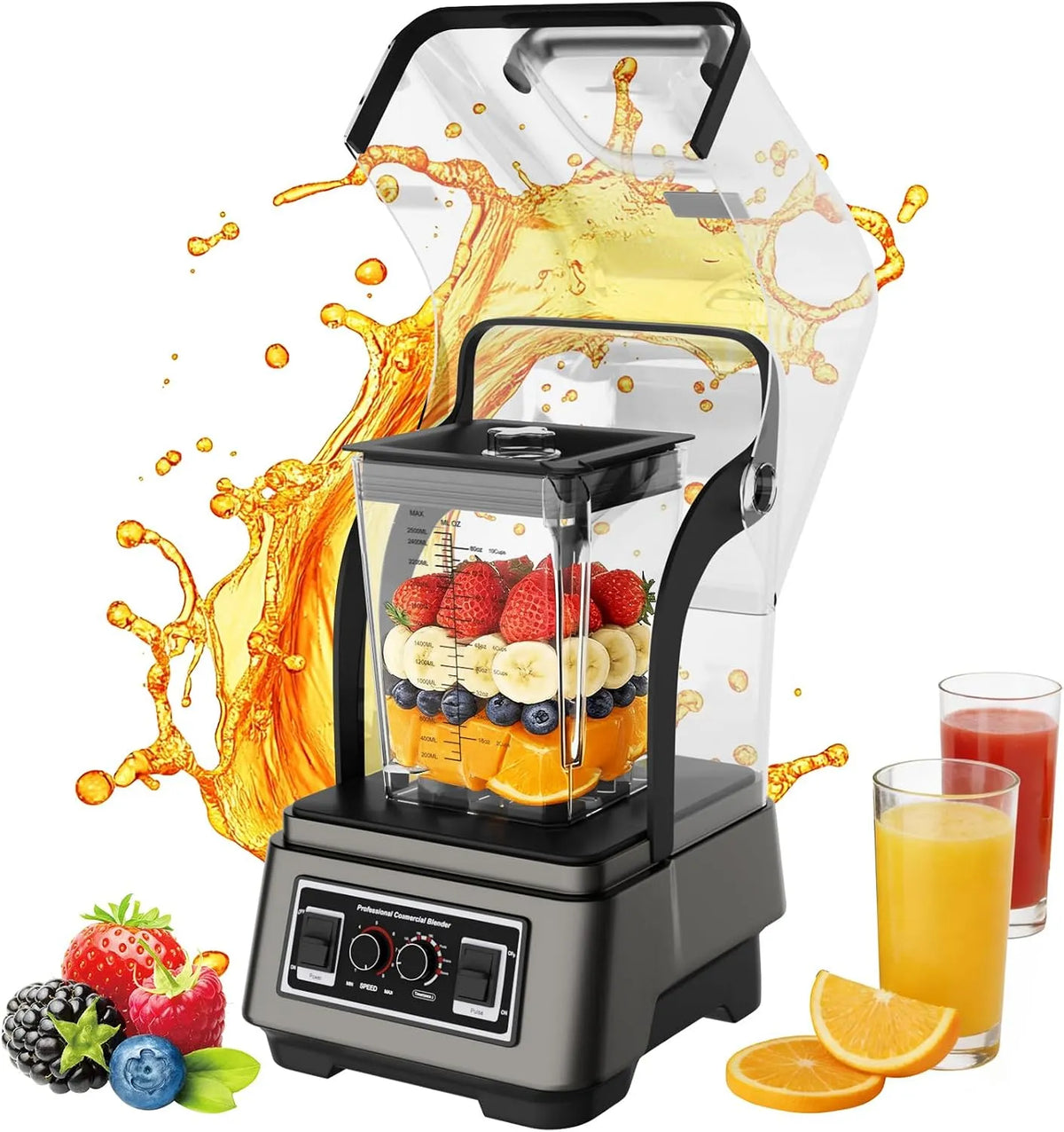 Blender, 2,5 l, smoothie maker, met geluidsarm afdekking, smoothies, bevroren dranken, 2200 W, rustig, professionele elektrische blender, ijs, TAIMIKO