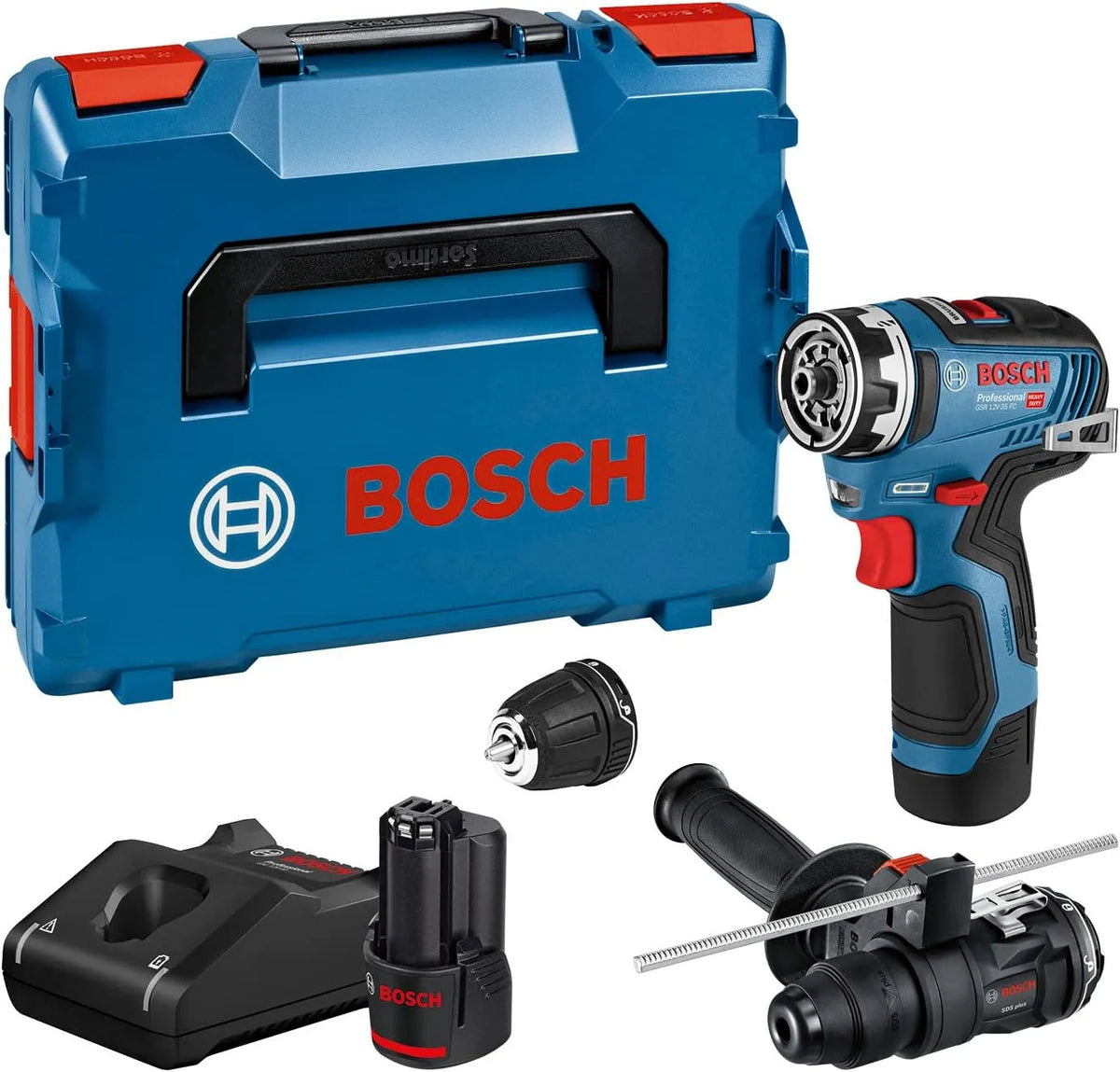 Lader, Bosch Professional, 2 x accu GBA 12 V 3,0 Ah, oplader GAL 12V-40, extra handgreep, in L-BOXX, incl. 2 opzetstukken
