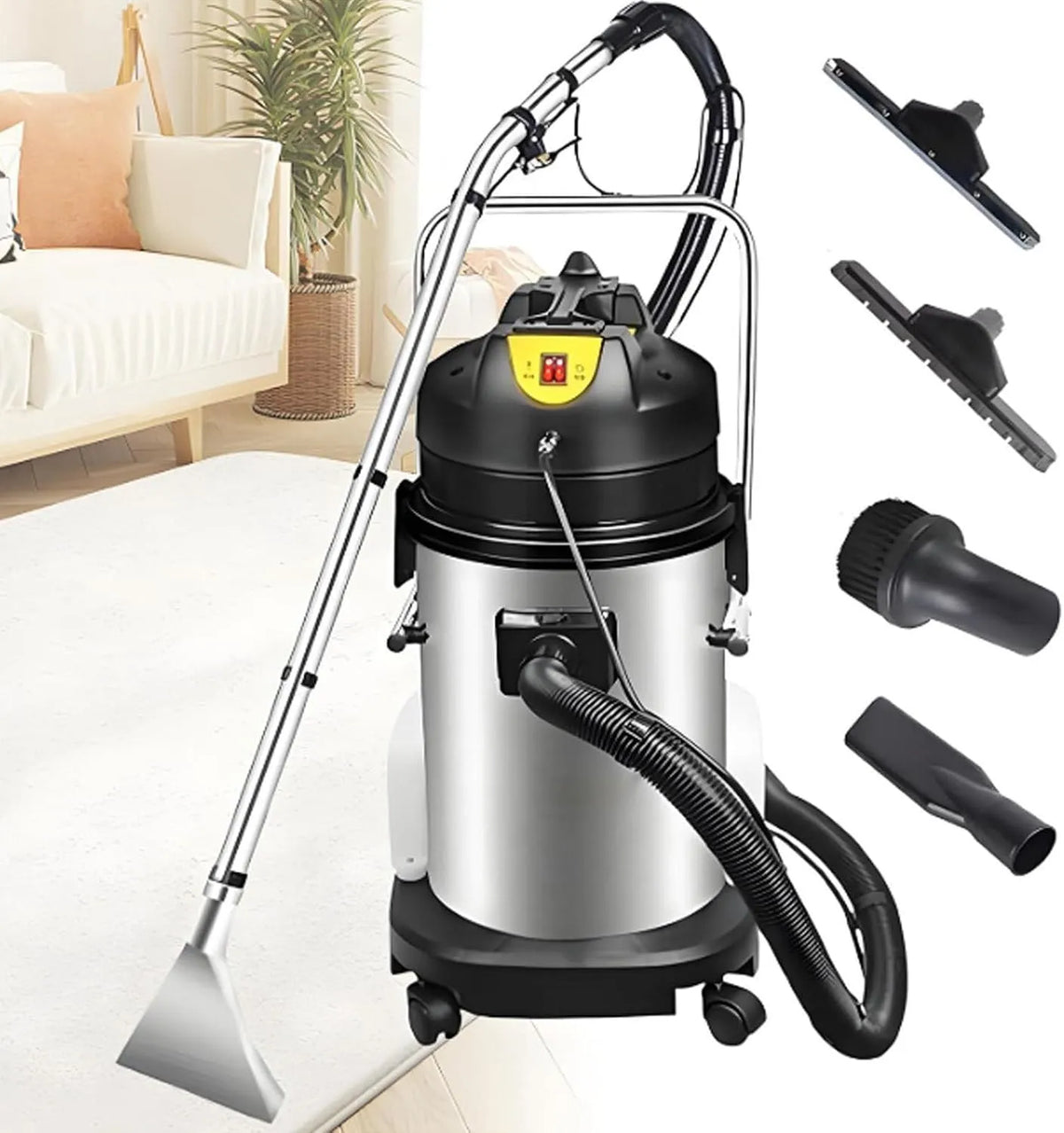 Nat- en droogzuiger, Professionele commerciële, inclusief 6 zuigmonden, watervlekken en vuil. 20L, borstel en zuigmond, voor grondige reiniging
