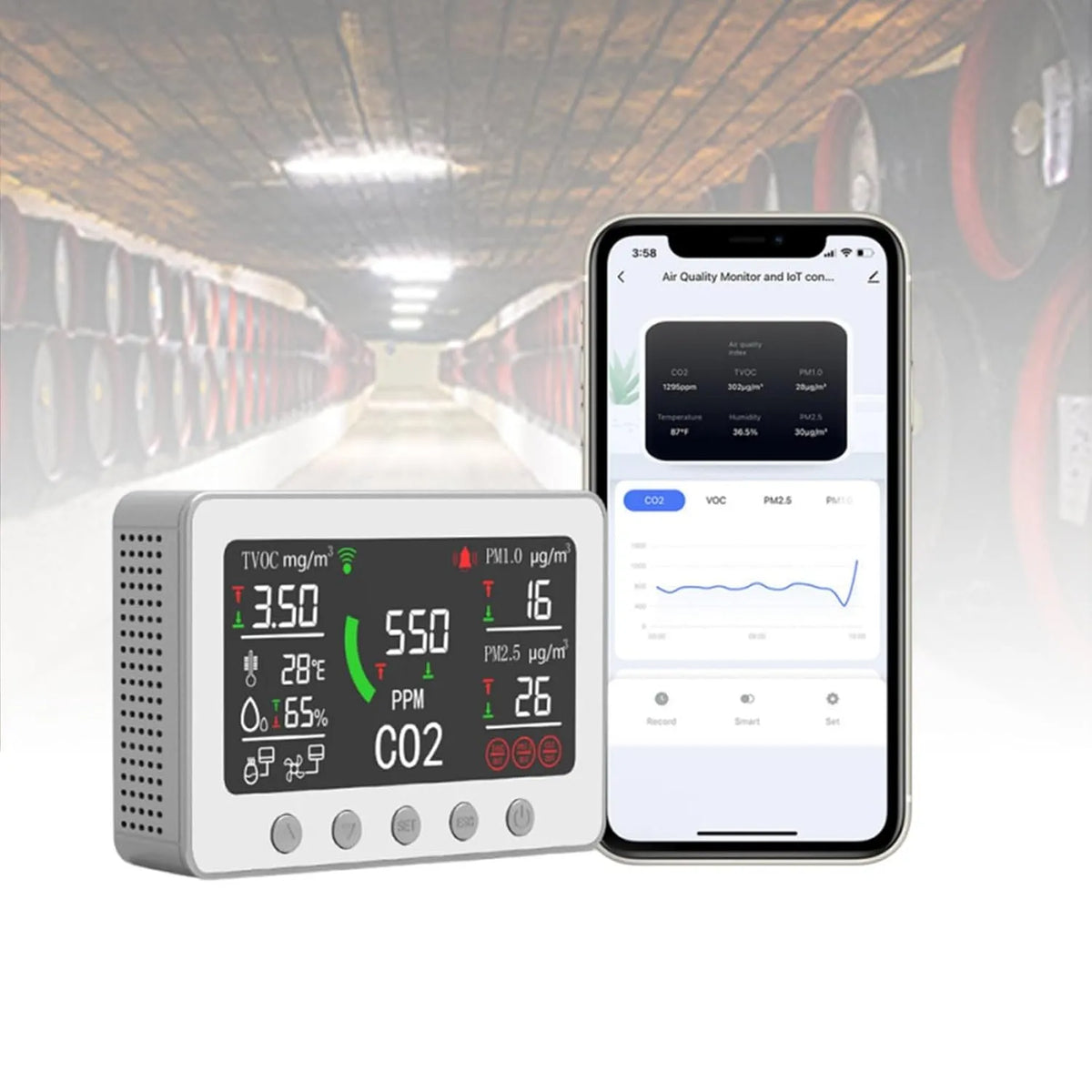 Luchtkwaliteitsmeter Co2 PM2.5 PM1.0 met wifi, digitaal display en wit