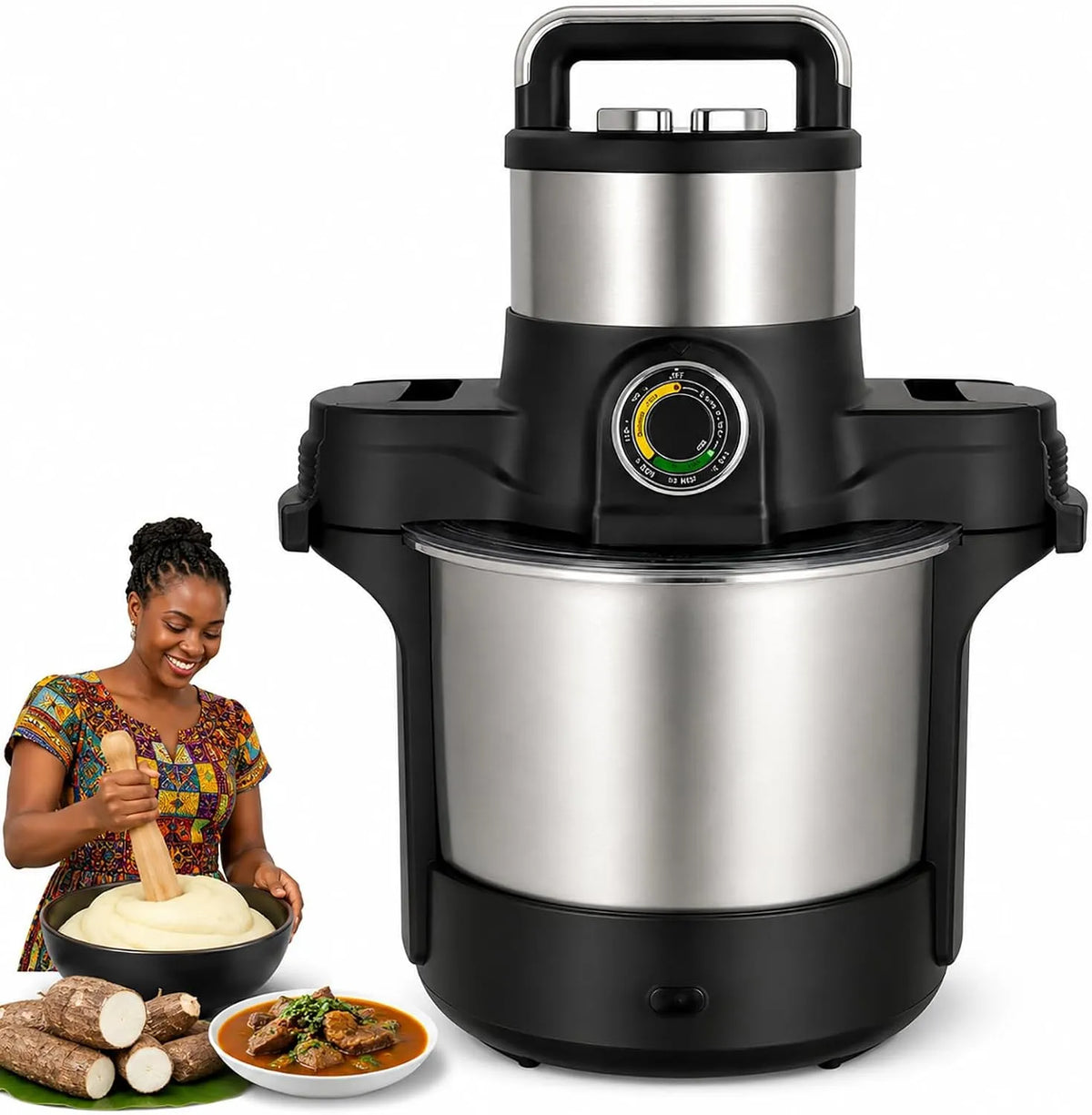 Keukenmachine met 6L Swallow Maker-keukenmachine met precisieknoptimer, Amala, 1600 W, roestvrijstalen bonsde Yam-maker voor Fufu en Ugali, Banku