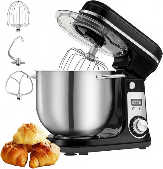 6L keukenmixer met kantelbare kop met 6L, 6 snelheden, digitaal display, geluidsarme werking, RVS en zwart