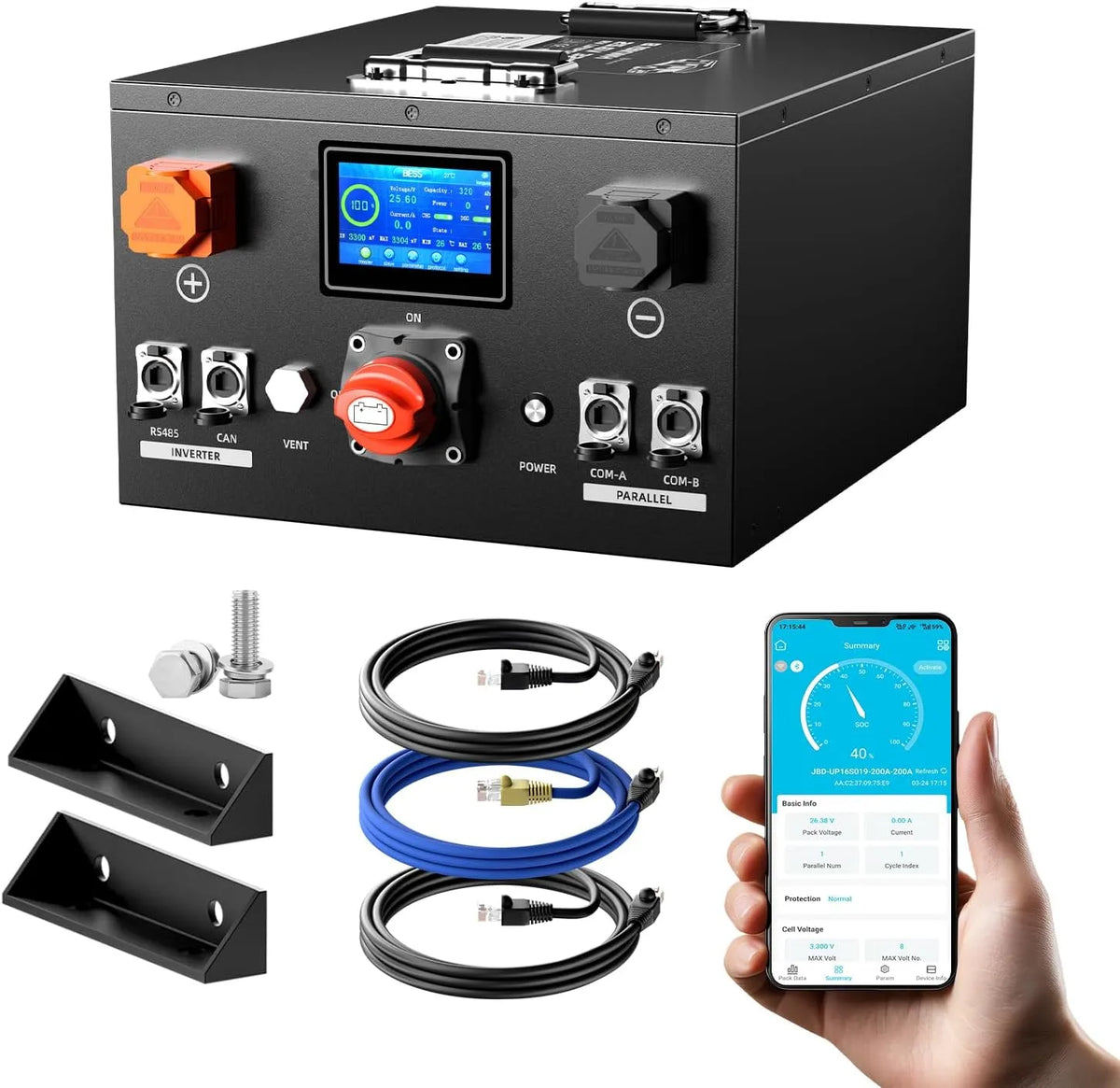 LiFePO4 24V 320Ah camper-accu LiFePO4 met 24V, 8192Wh, 200A, Bluetooth, digitaal display en zonne-energie