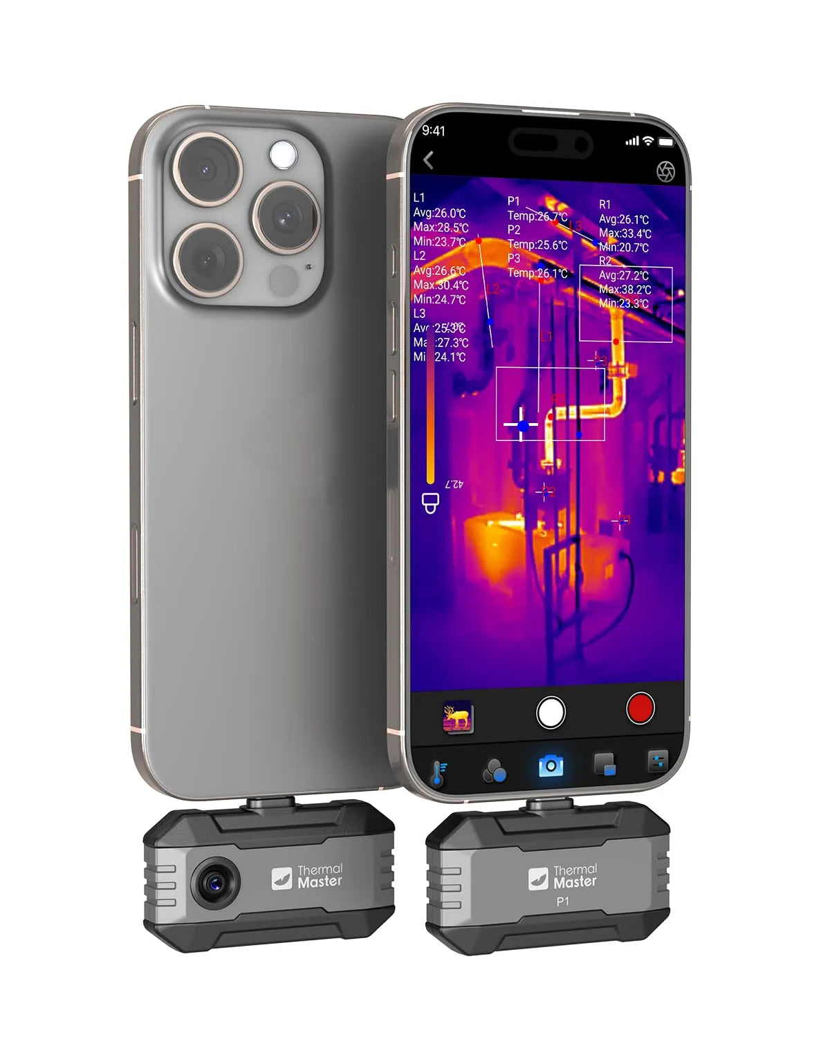 Master P1 Camera P1 met grijs, blauw en oranje, Warmtebeeldcamera