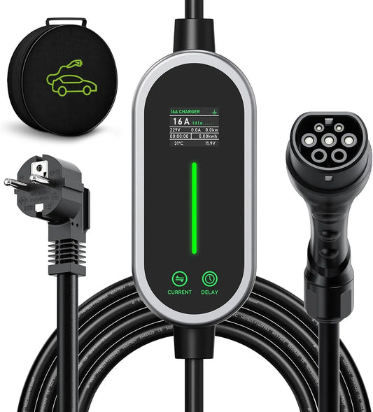 Lader, 3,6kW, 6-16A, draagbare EV-oplader, instelbare stroom en instelling starttijd voor alle EV PHEV IEC