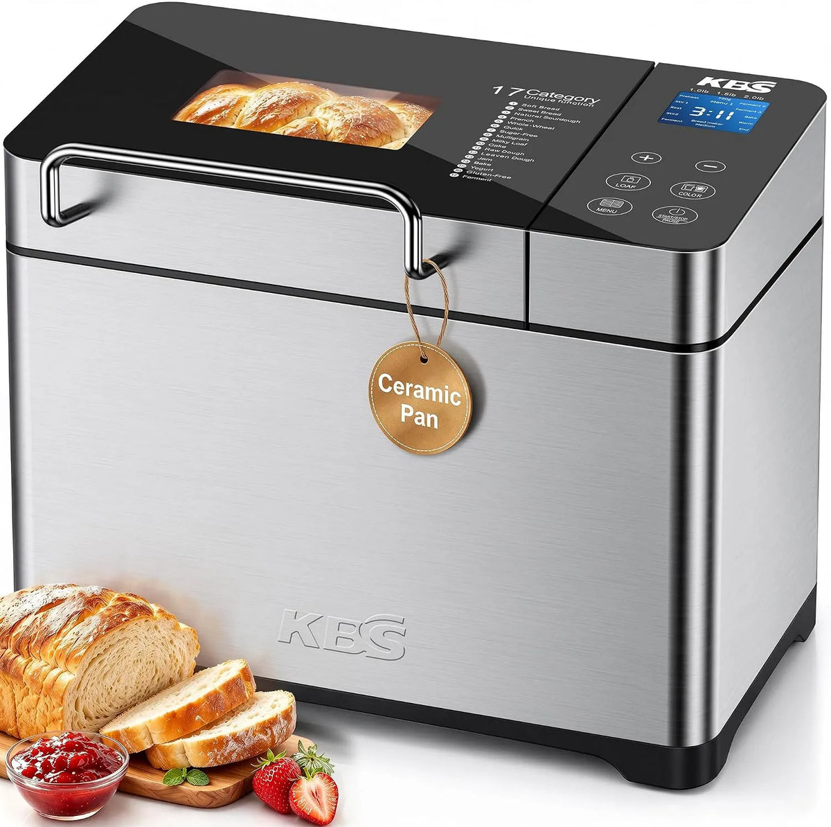 Broodbakmachine, KBS Pro, Nonstick Ceramic Pan& Digital Touch Panel, 3 Loaf Sizes 3 Crust Colors, Reserve& Keep Warm Set, 2LB 17-in-1 Programmable XL